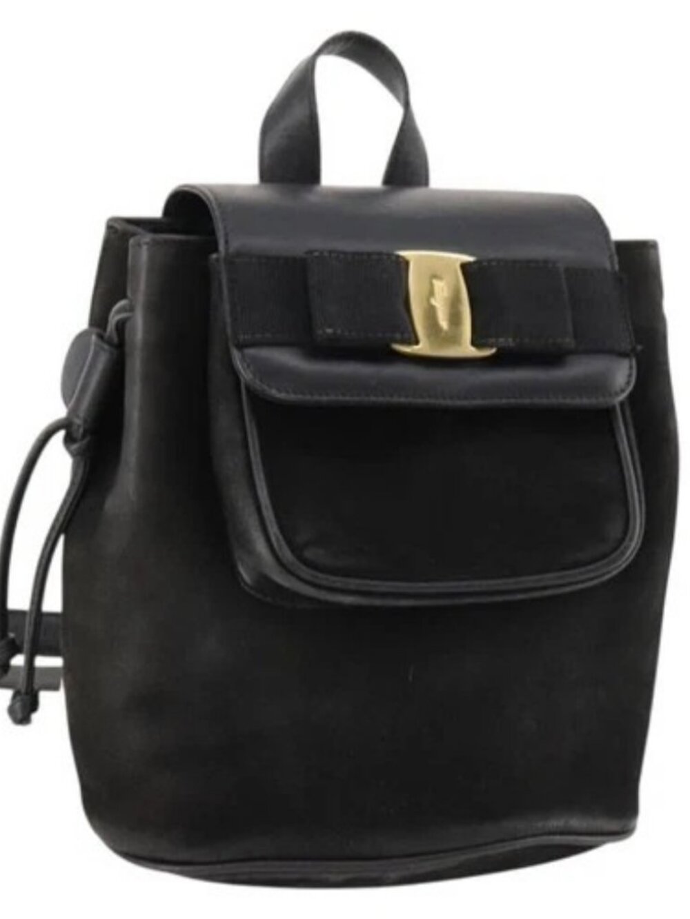 Salvatore Ferragamo Vara Ribbon Backpack Leather Black Gold Auth 172240